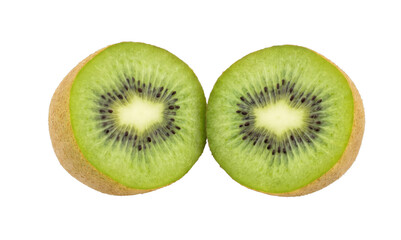 Fototapeta premium Two halves of a ripe kiwi fruit showing its vibrant green flesh and seeds