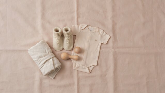 Baby Outfit Set with Booties and Wooden Teether on Soft Blanket