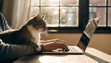 Fototapeta premium Person working on laptop at home with a cute cat sitting on their lap by the window