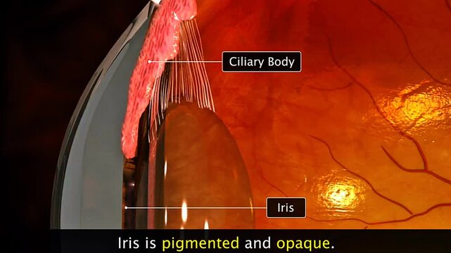 Human iris anatomy showing the colored ring and muscles that regulate pupil size and light entry.