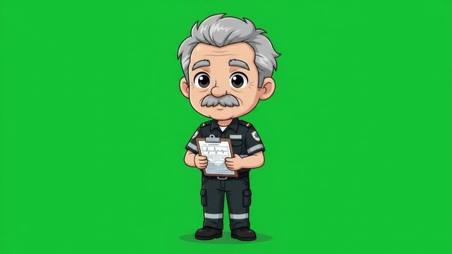 Cartoon illustration of a male paramedic holding a clipboard, standing against a green screen background.