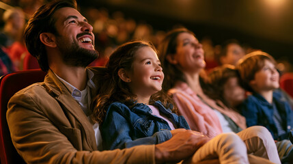 Fototapeta premium The family enjoys a film at the cinema. The father holds his daughter on his lap as they all share a delightful experience together with their wife and son. All expressions indicate happiness as they 