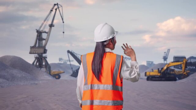 Back of Asian Female Engineer Waving Hand Saying Bye While Walking at Gravel Stockpile Yard with Cranes and Excavators
