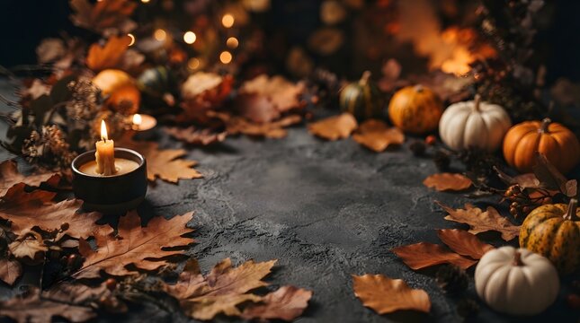 Autumn harvest scene with pumpkins and fallen leaves on dark background.
