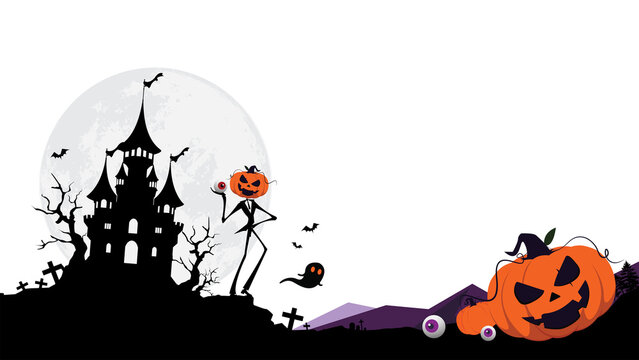 Halloween illustration with haunted castle, full moon, pumpkin character and copy space