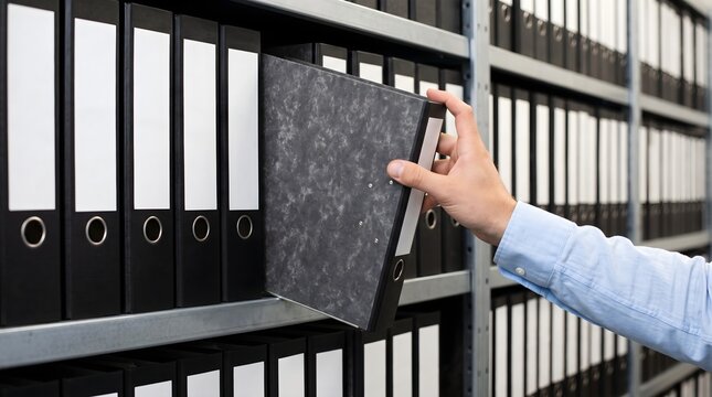 Professional hand selecting a black folder from a row of archive binders on a storage shelf for record keeping and information retrieval business concept.