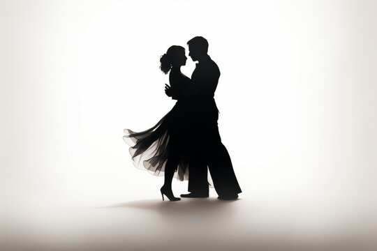 Silhouette of a dancing couple embracing with elegance against a bright background