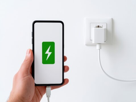 Close-up Person hand showing a modern smartphone plugged into a white wall outlet socket. Bright screen displays a green battery icon logo with a lightning bolt symbol indicating fast charging process