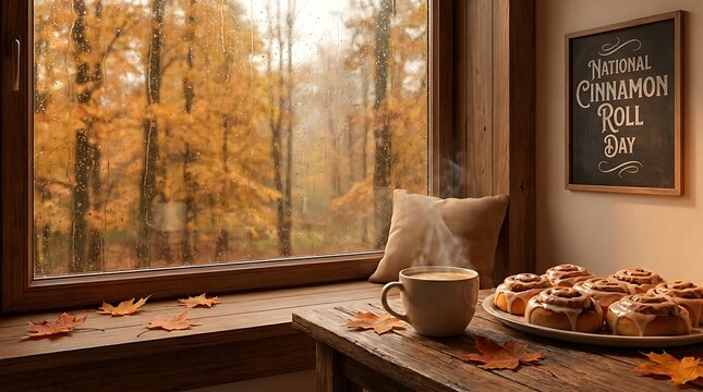 Cozy autumn scene with a steaming cup of coffee and fresh cinnamon rolls on a wooden table by a rainy window with fall foliage in the background