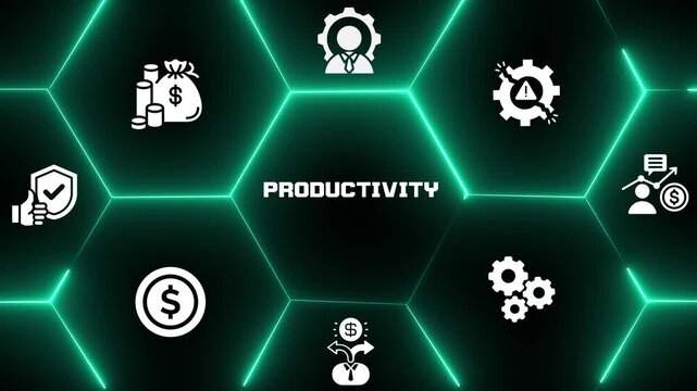 High-performance business productivity layout with glowing hexagon grid and operational icons. Abstract representation of output and efficiency.