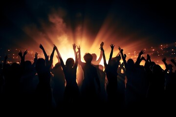 Fototapeta premium Audience cheering and partying with arms raised in silhouette against bright stage lights
