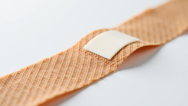 Close up of a piece of tape on a tie, often used for temporary fastening