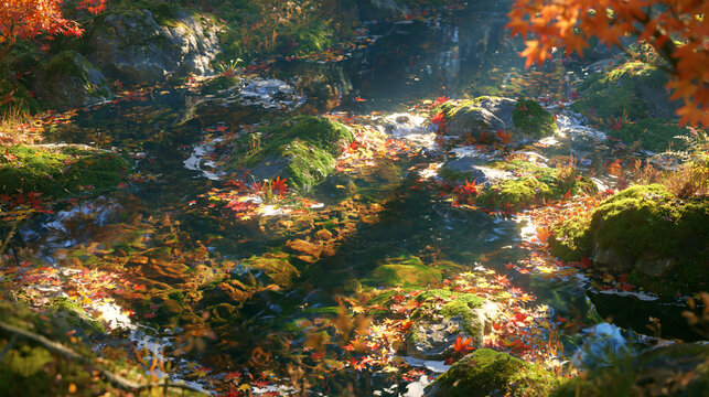 紅葉が浮かぶ苔むした渓流の秋の風景