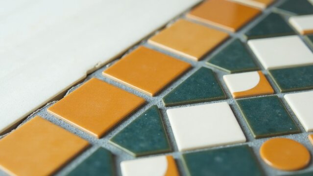 A close-up of a tiled tabletop with intricate designs and patterns
