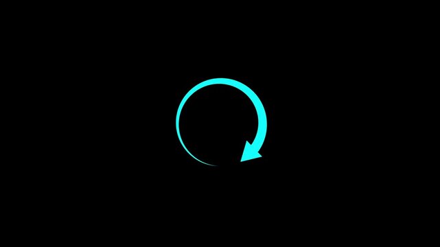 Animated rotating circular arrow for loading process update and refresh cycle motion graphics on black background.Circle arrow refresh and reload icon animation with loading progress.