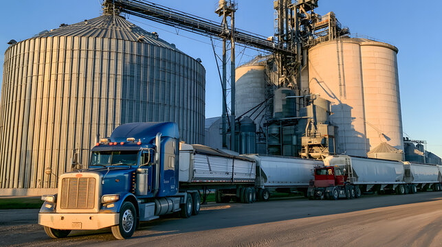Grains are unloaded by trucks near large silos at a storage facility during the day