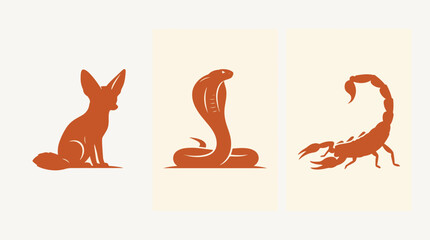 Fototapeta premium Minimalist vector graphic illustration featuring a fennec fox a cobra snake and a stinging scorpion set against light backgrounds
