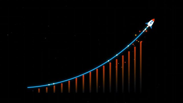 Abstract business growth chart with rising rocket and glowing data trend motion graphics seamless loop animated background