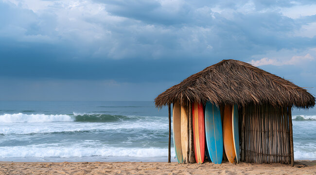 Rustic thatched roof hut on a tropical beach with colorful surfboards leaning against it, surrounded by rolling waves and a cloudy sky, evoking an outdoor coastal retreat vibe