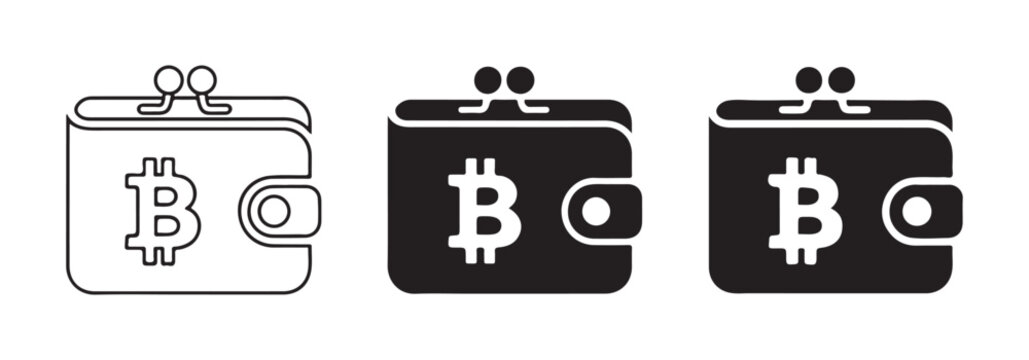 Black solid and outline bitcoin wallet icons representing cryptocurrency storage and transactions.