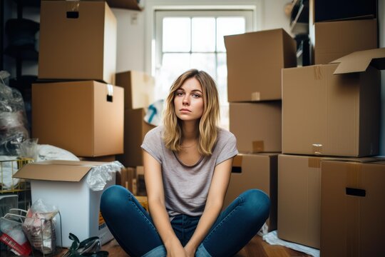 Woman sitting on floor surrounded by cardboard boxes feeling overwhelmed by relocation