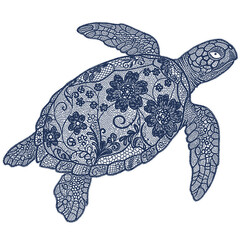 Fototapeta premium Blue Lace Sea Turtle Digital PNG Graphic with Floral Shell and Transparent Background