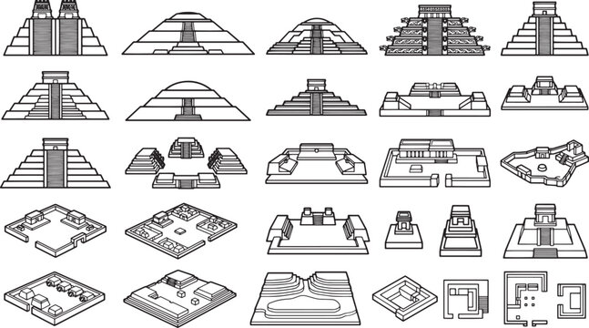 A collection of line art illustrations depicting various ancient Mayan temple and pyramid structures, showcasing different architectural styles and layouts.