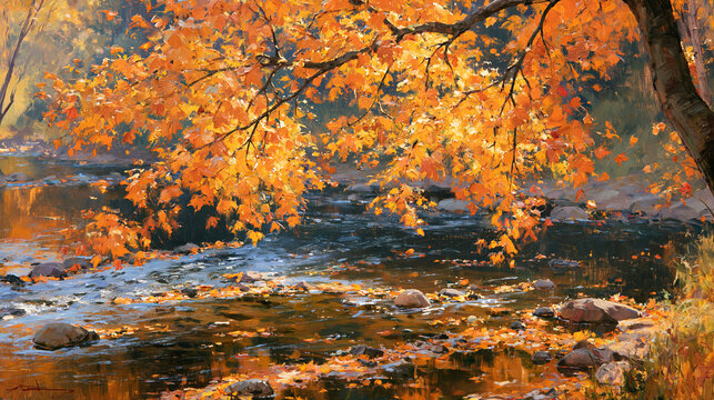 紅葉した川辺の風景を描いた油絵