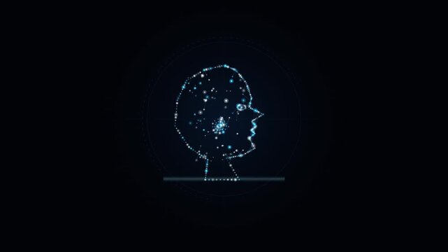 Abstract wireframe human head profile silhouette glowing with digital particles and cybernetic data nodes on a dark background