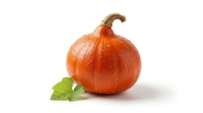 Fresh orange pumpkin with green leaf and textured stem, glistening water droplets isolated on white background for autumn harvest and food