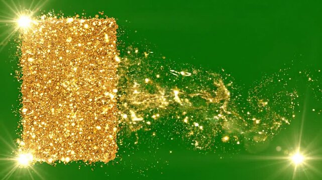 Golden liquid metal rectangle dissolving into glitter particles on green screen background, for motion and vfx
