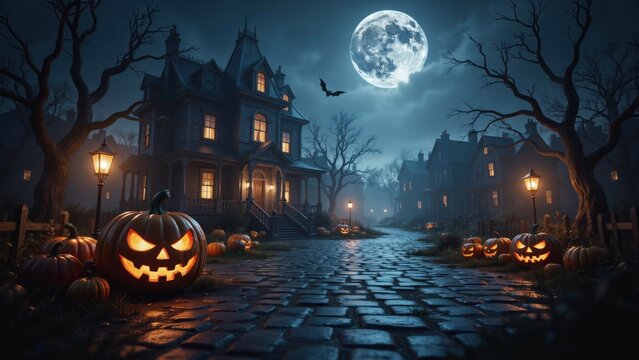 Spooky halloween night with a haunted house, glowing jackolanterns, and a full moon
