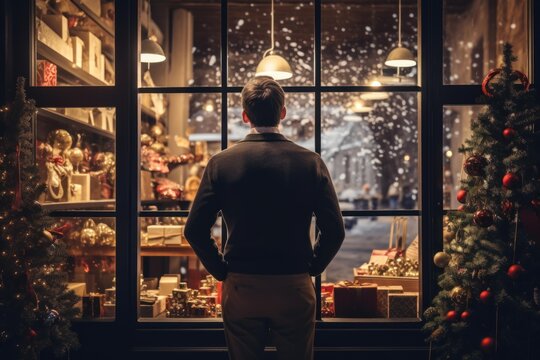 Man looking at festive store window display filled with gifts and ornaments during a snowy winter evening