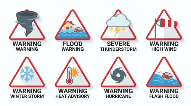 Extreme weather warning icons set for disaster emergency alerts