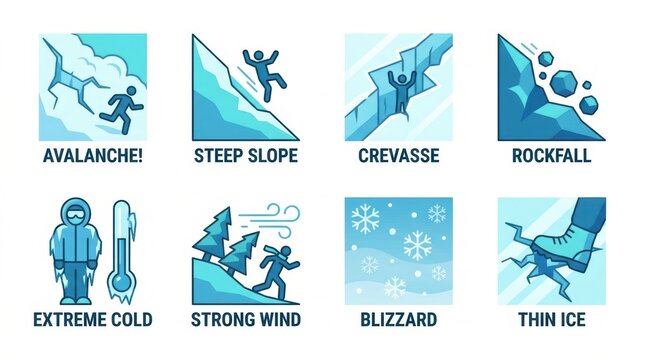 Winter mountain hazard icons set for extreme snow safety conditions