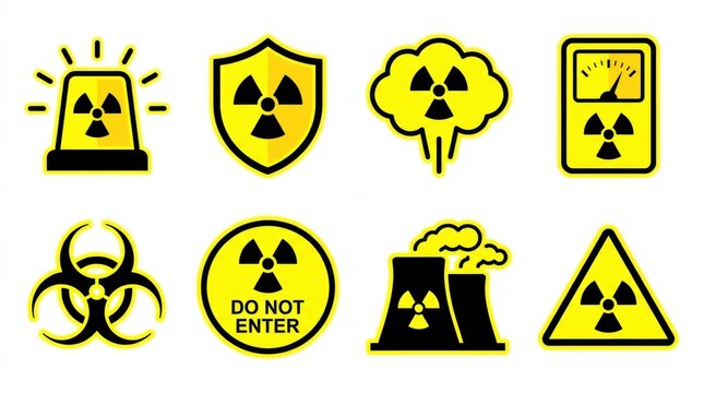 Yellow and black nuclear radiation hazard symbol vector icon set