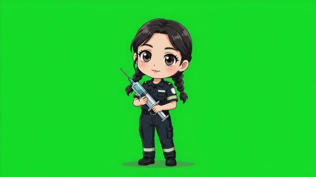 Cute chibi cartoon character of a female paramedic holding a syringe, isolated on a green screen.