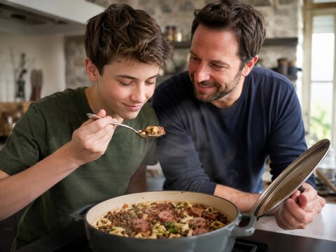 Deutsche regionale K&uuml;che: Vater und Sohn probieren gemeinsam einen herzhaften Linseneintopf mit Wurst in der heimischen K&uuml;che. Hausmannskost, Familienzeit und traditionelles Kochen.