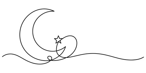 Islamic moon and star crescent continuous line drawing design in minimalist black ink style for ramadan mubarak and eid al-fitr celebration religious banner. © Purnima
