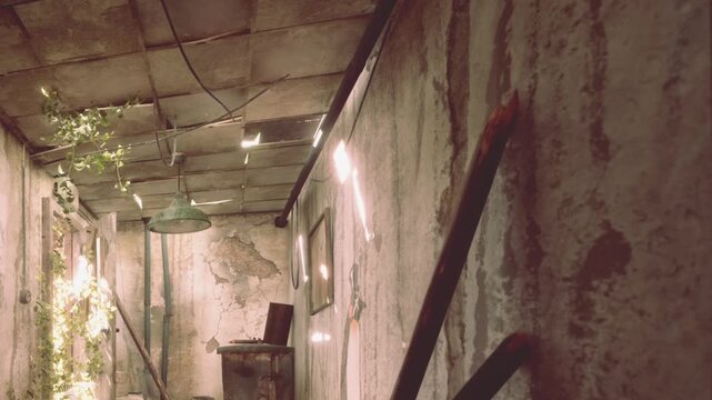 Inside an old corridor of a vacant building, broken walls show signs of wear. Plants grow along the sides, and light filters through the damaged ceiling. The space feels empty.