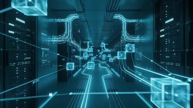Futuristic digital technology big data network transfer inside server room featuring glowing blue blockchain light cubes high speed internet connection lines and cloud computing data flow.