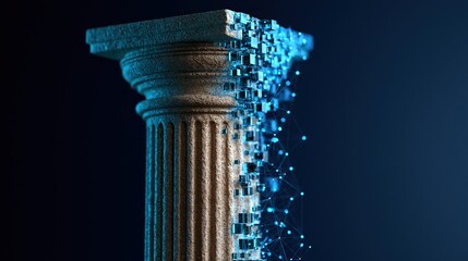 Naklejka premium Classical column transforming into digital cubes and network lines