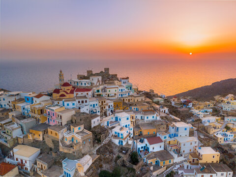 Olympos village in Karpathos island, Greece at sunset 