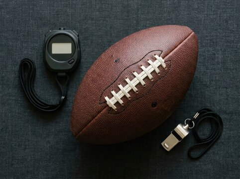 American football essentials: ball, stopwatch, and whistle on dark background