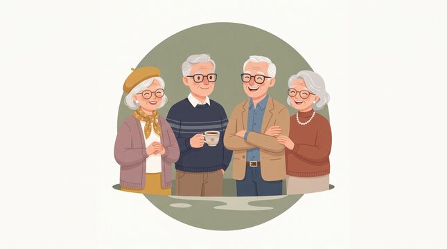 Four elderly friends smiling together outdoors