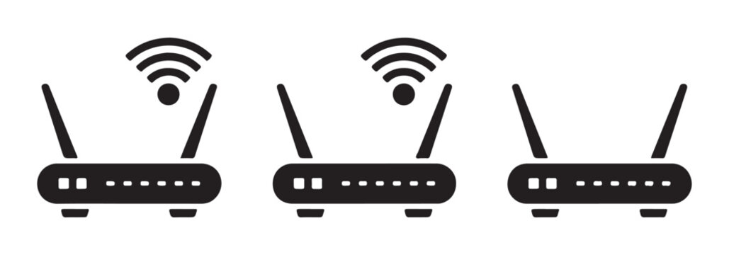 Dual antenna wifi router black glyph icons with signal waves for modern internet connection setup.