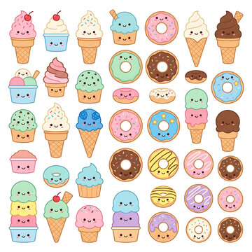 Kawaii dessert icons featuring cute ice cream and donut characters