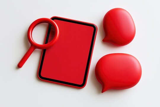 Magnifying glass and blank tablet with red conversation bubble shapes on white surface