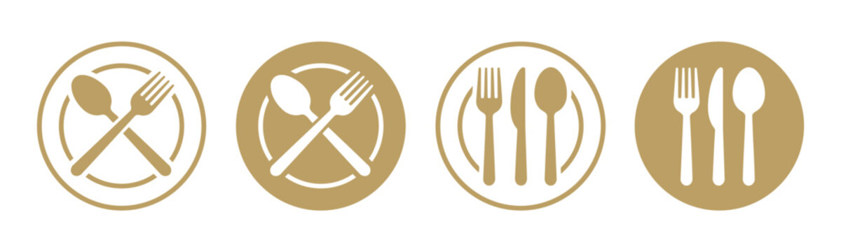 Cutlery plate icons set with fork knife and spoon in vector restaurant vector food dining