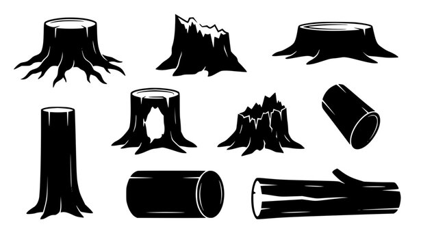 Tree Stumps and Cut Trunk Sections Black Silhouette Vector Set